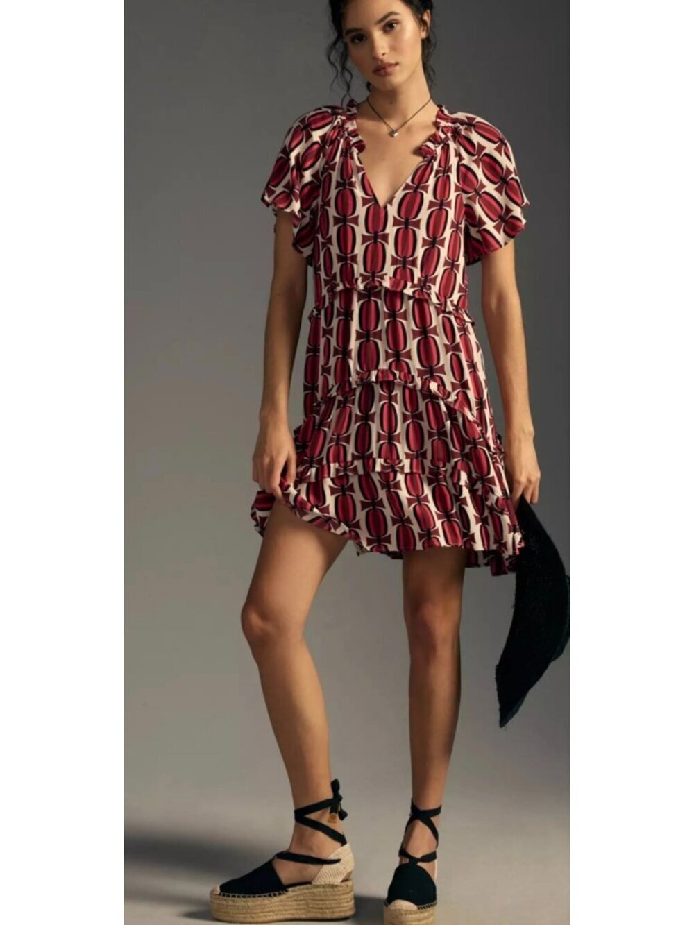 By Anthropologie Robin Tiered Mini Dress Geometric Print Viscose Size S